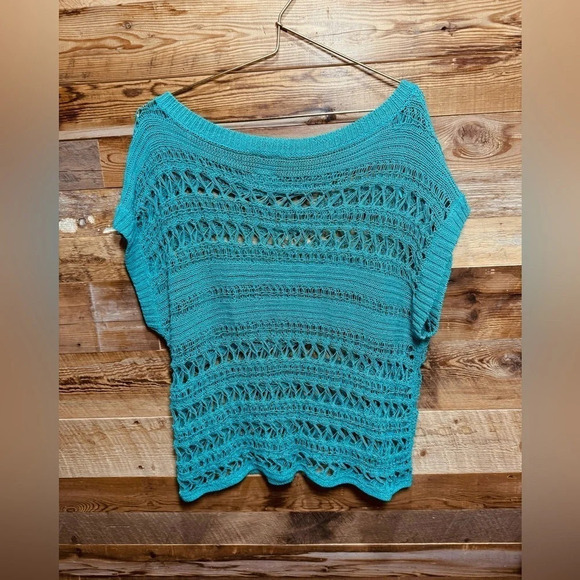 Anne Klein sleek crochet print top turquoise sleeve US L vintage style festival - Picture 2 of 3